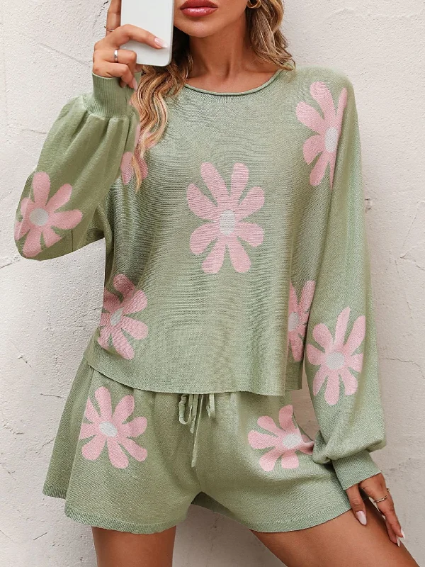 Take Advantage Floral Print Raglan Sleeve Knit Top and Tie Front Sweater Shorts Set