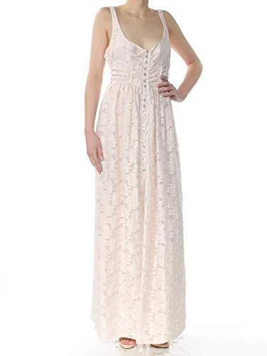 Can't Be Beat FREE PEOPLE Womens Ivory Ruched Printed Sleeveless V Neck Maxi Empire Waist Dress Size 8