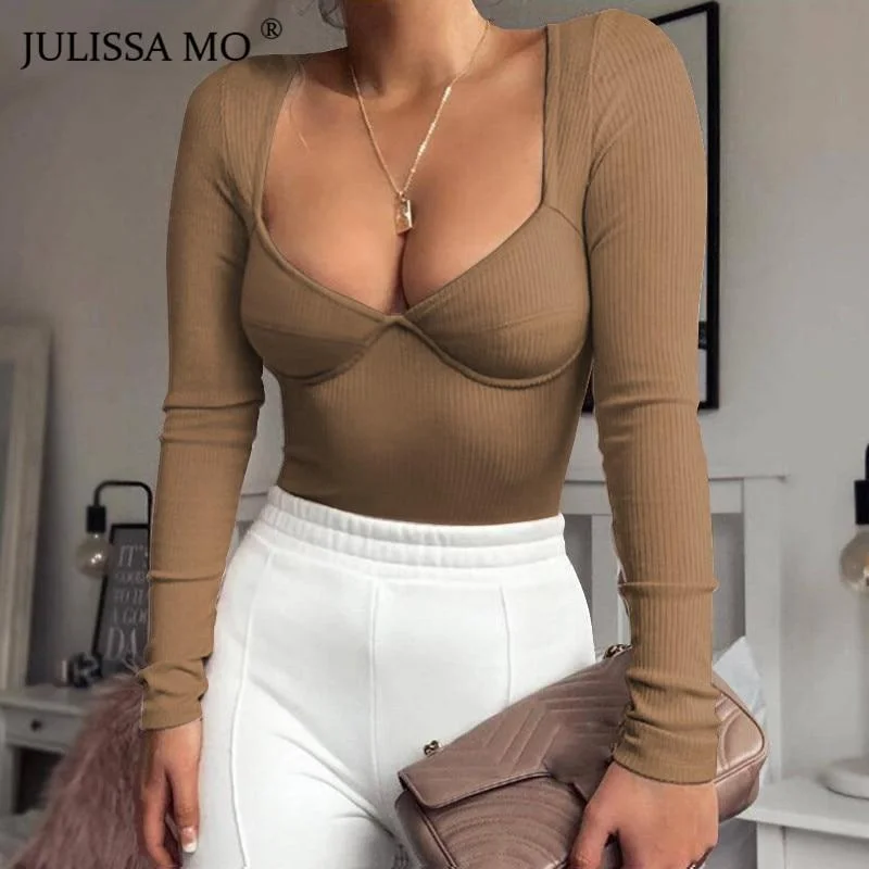 Price Drop JULISSA MO Rib Knitted Long Sleeve Bodysuit Women Tops Sexy V Neck Skinny Rompers Womens Jumpsuit 2019 Spring Casual Basic Body