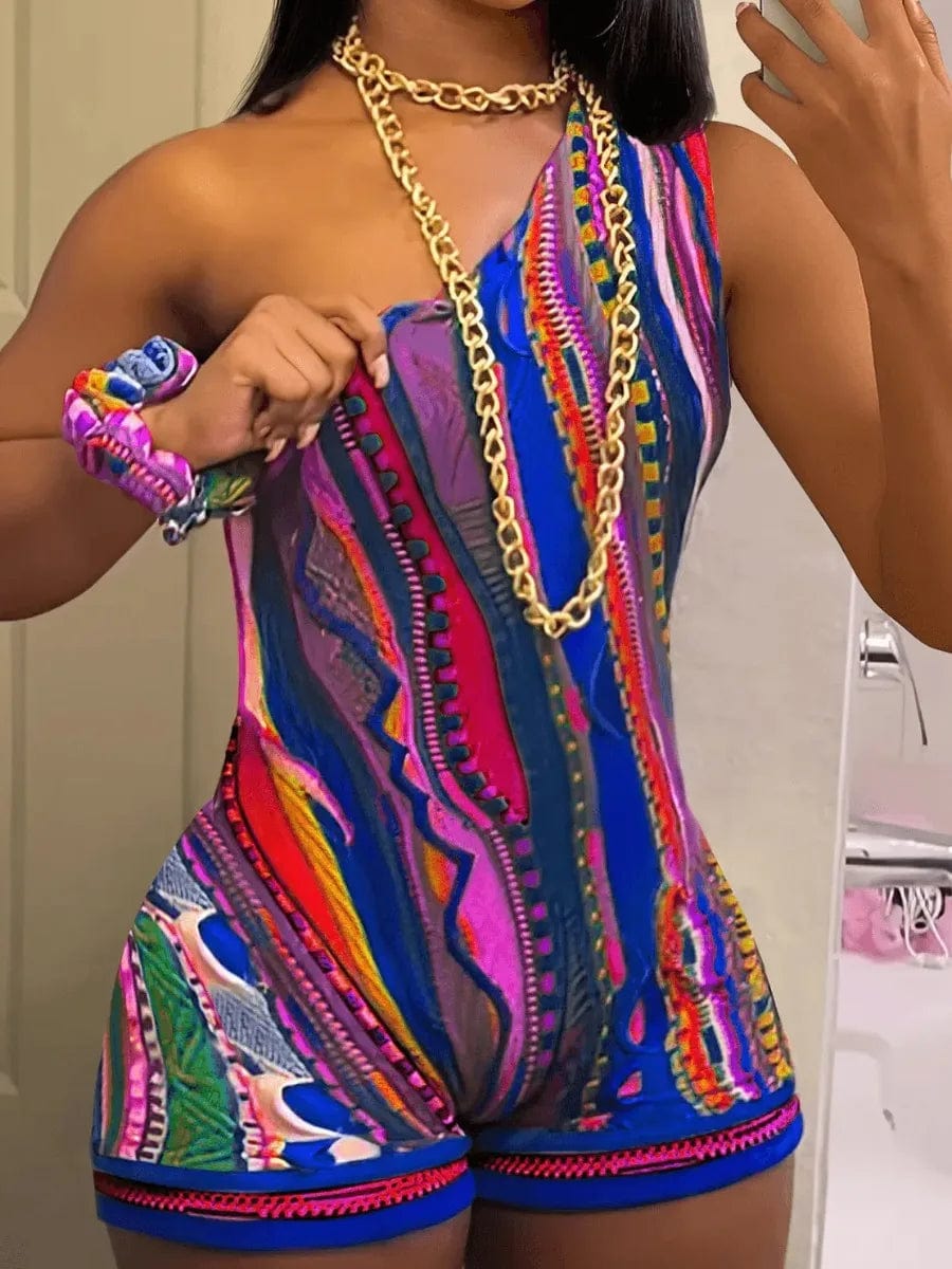 Limited Time LW Asymmetrical Neck Multicolor Bodysuits One Shoulder Tribal Mixed Print Romper Sleeveless Stretch Slim Pullover Jumpsuits