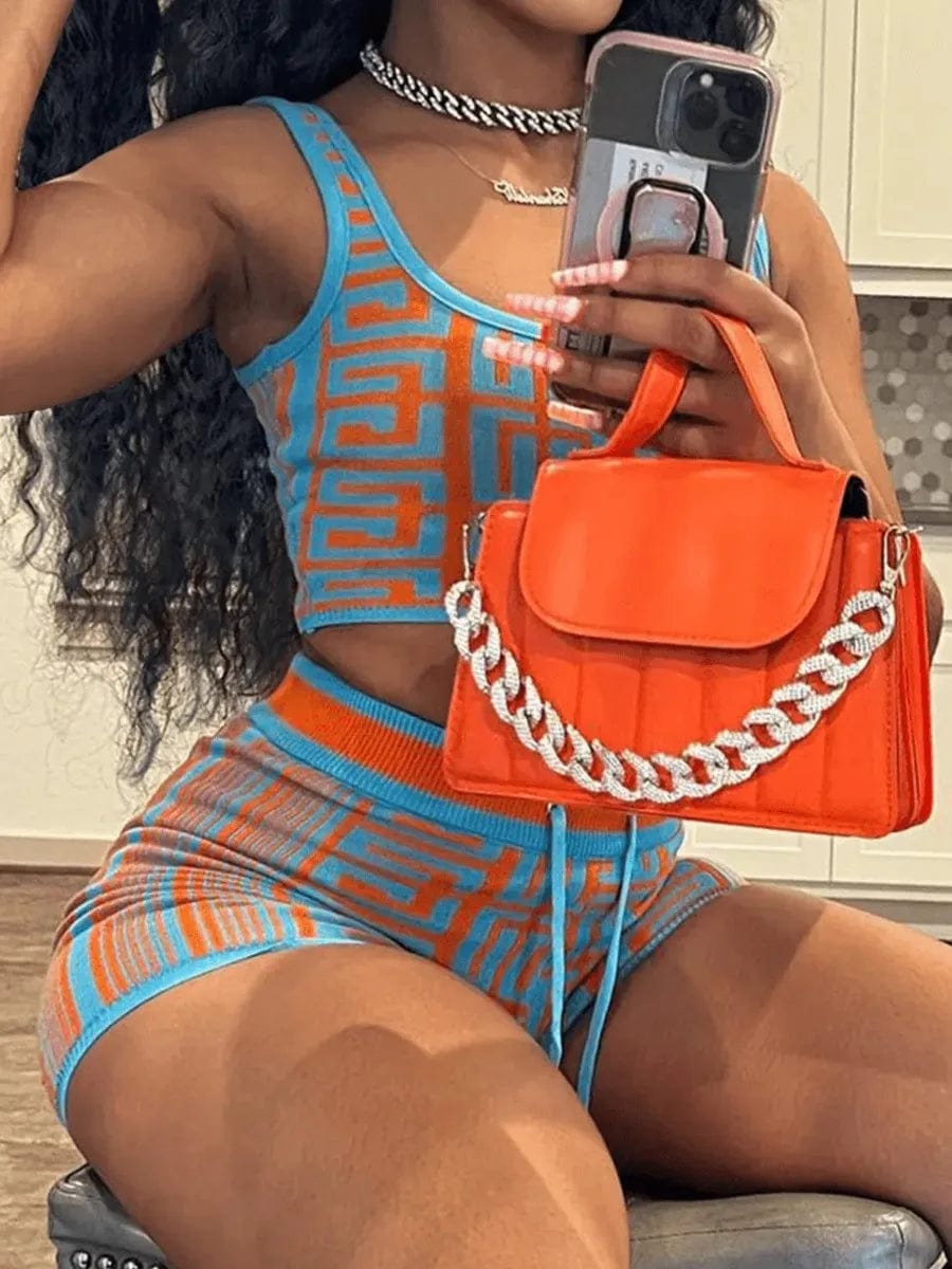 Deal of the Week LW Color Block Two Pieces Shorts Suits 2pcs Geometric Print U Neck Sleevelss Tank Top&Drawstring Matching Shorts
