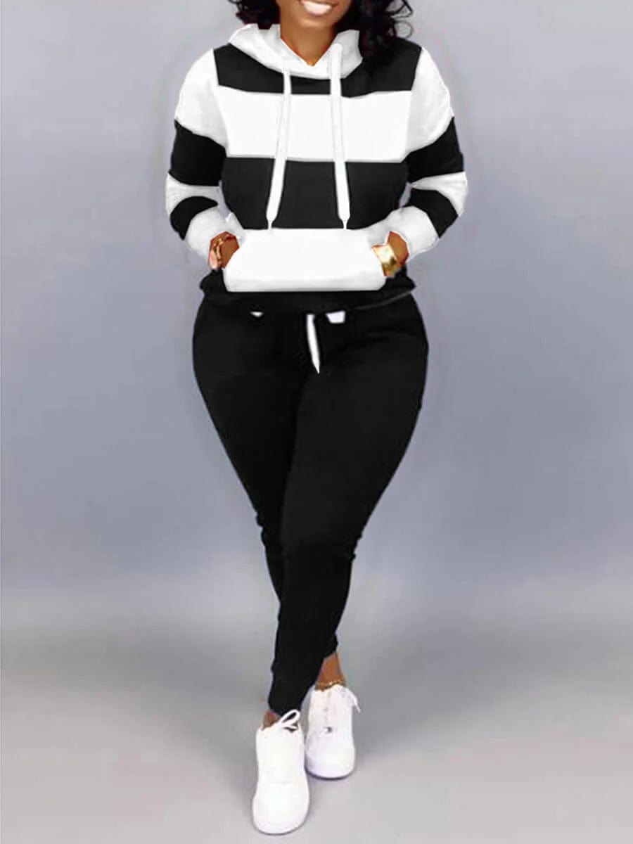 Price Drop LW Plus Size Sporty Hooded Collar Striped Tracksuit Set Black White Patchwork Kangaroo Pocket Design Tracksuit Sportswear Set Price Drop LW Plus Size Sporty Hooded Collar Striped Tracksuit Set Black White Patchwork Kangaroo Pocket Design Tracksuit Sportswear Set