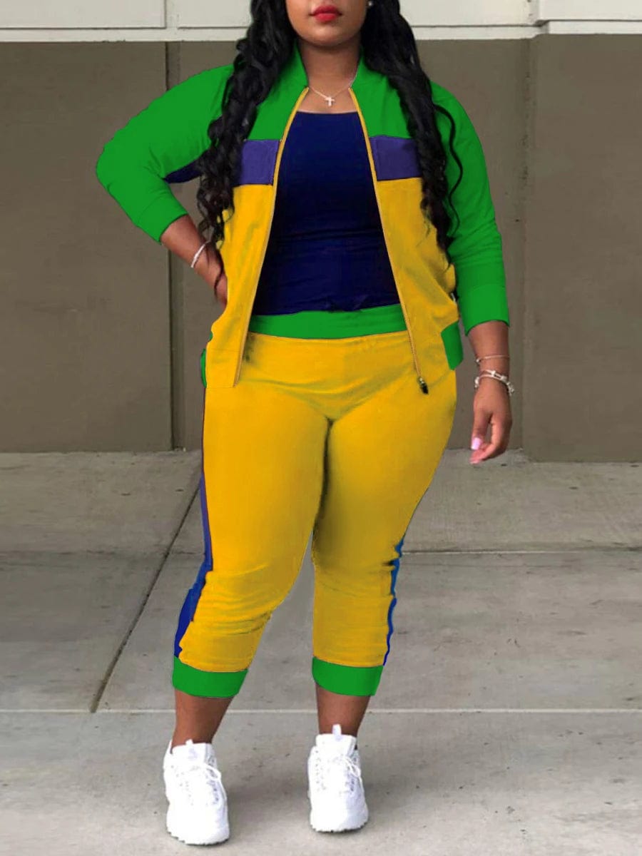 Fantastic Deals LW Plus Size Zipper Design Patchwork Pants Set Women Color Block Mandarin Collar Tracksuits Long Sleeve Two Pieces Outfits