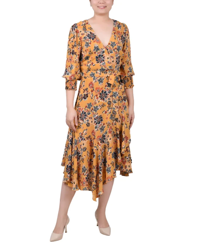 Special Discount Petite 3/4 Sleeve Belted Chiffon Handkerchief Hem Dress