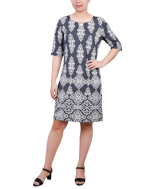 Limited Availability Petite Elbow Sleeve Knee Length Dress with Hardware