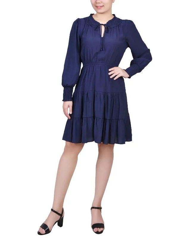 Huge Discounts Petite Long Sleeve Tiered Dress with Ruffled Neck