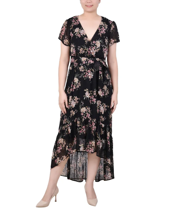 Lowest Price Petite Short Sleeve High Low Hem Chiffon Dress