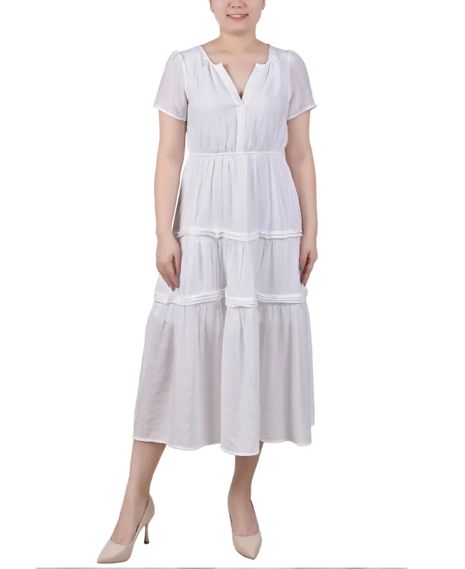 New Deals Petite Short Sleeve Tiered Midi Dress