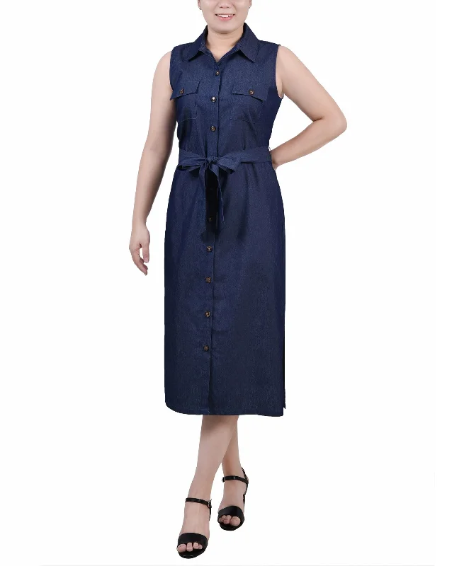 Exclusive Savings Petite Sleeveless Belted Chambray Midi Dress