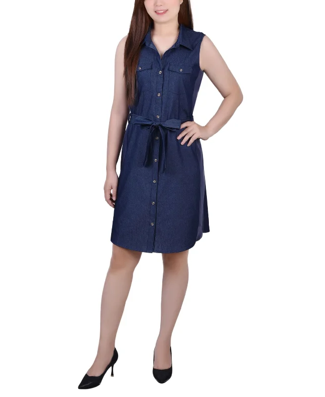 Can't Be Beat Petite Sleeveless Belted Denim Dress