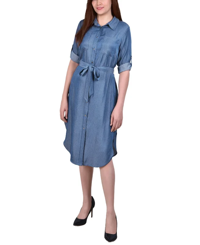 New Deals Petite 3/4 Roll Tab Sleeve Denim Dress
