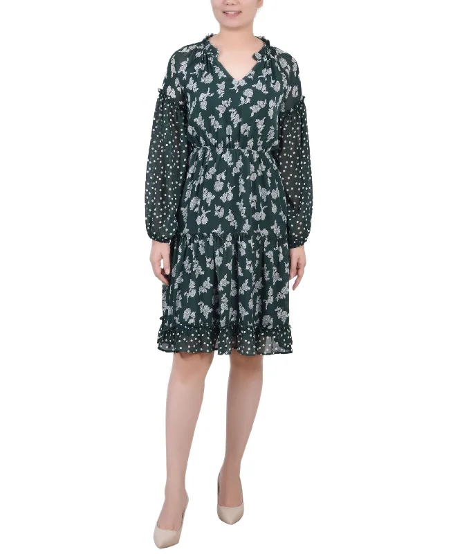 Massive Deals Petite Long Sleeve Combo Chiffon Dress