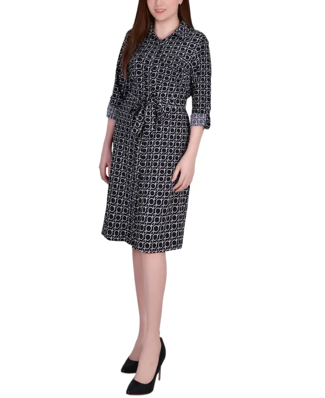Price Rollback Petite Printed Long Sleeve Roll Tab Shirtdress