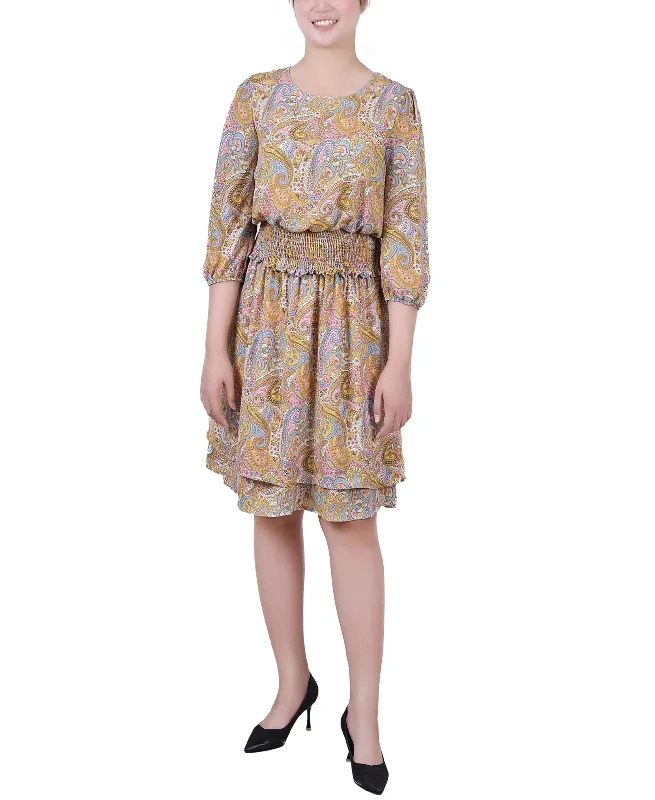 YEAR-End Sale Petite Size 34 Sleeve Dobby Smocked Waist Dress