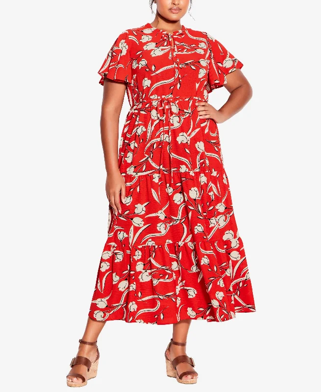 Bonus Savings Plus Size Happy Tier Print Dress Origami Flower 26W28W