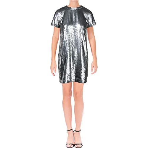 Bonus Savings RALPH LAUREN Womens Silver Sequined Short Sleeve Shift Evening Dress