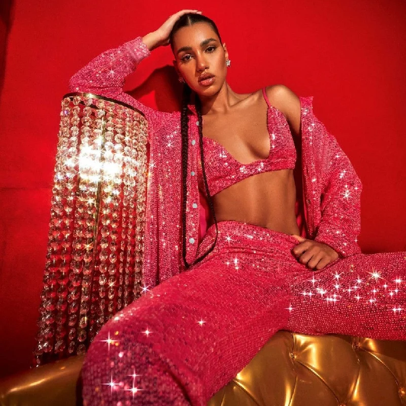 Members Only Solid Color Casual Button Long Sleeve Sequins Three Piece Set