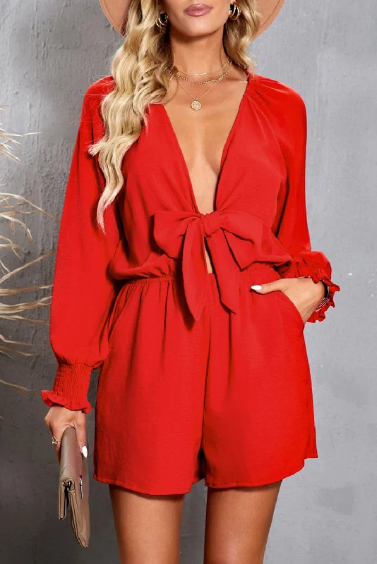 Last Chance Tied Flounce Sleeve Plunge Romper