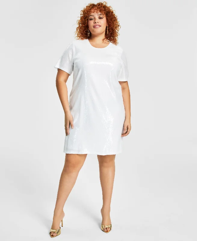 New Markdowns Trendy Plus Size Printed Short-Sleeve Sequin Dress