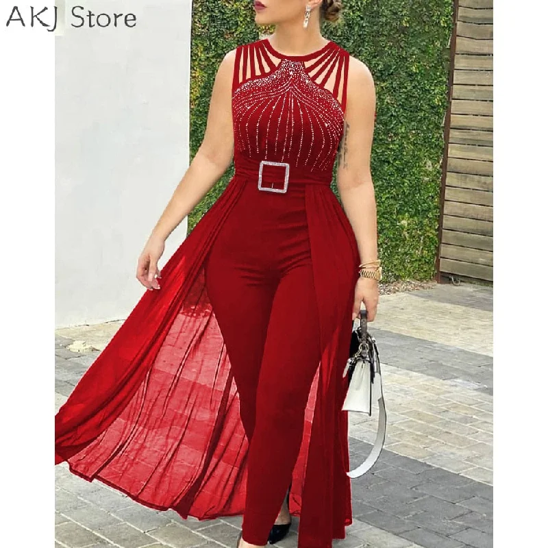 Stock Up and Save Women's Sexy Round Neck Rhinestone Sheer Mesh Sleeveless Jumpsuit With Belt Stock Up and Save Women's Sexy Round Neck Rhinestone Sheer Mesh Sleeveless Jumpsuit With Belt