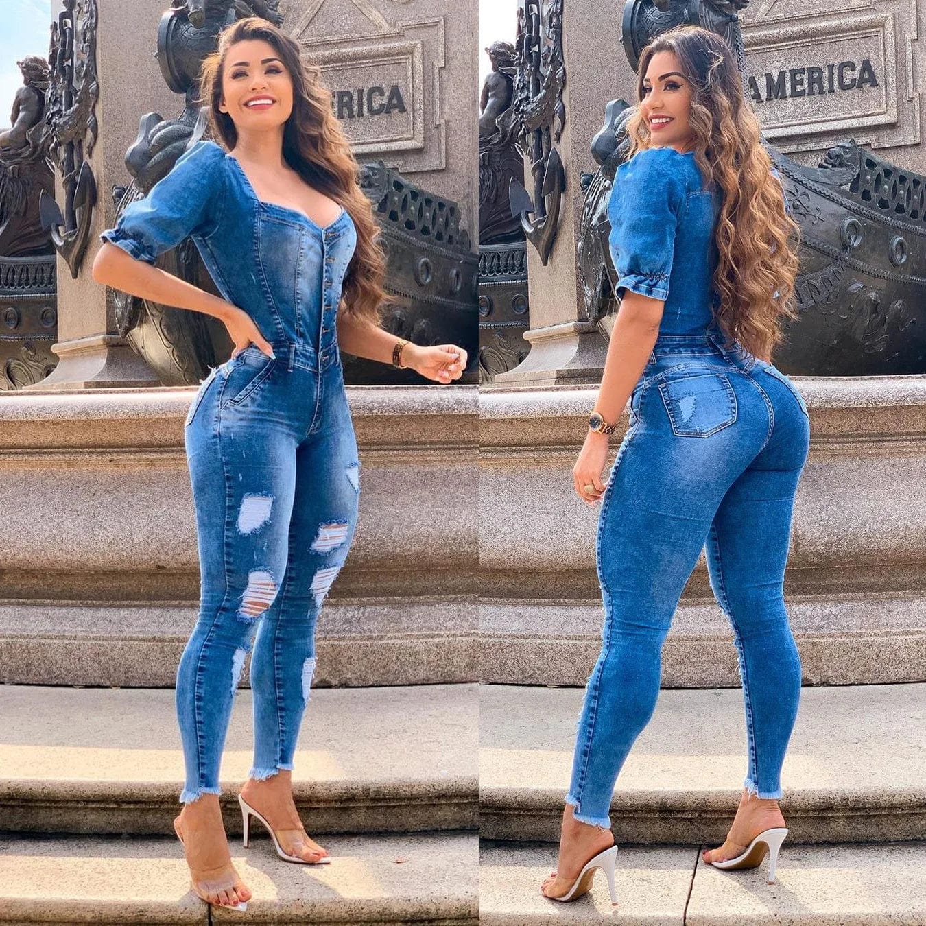 Last Chance Women Buttons Sexy Denim Jumpsuit Hole Long Rompers Pocket Bodycon Summer Jeans Overalls Casual Fashion Party Club Playsuit