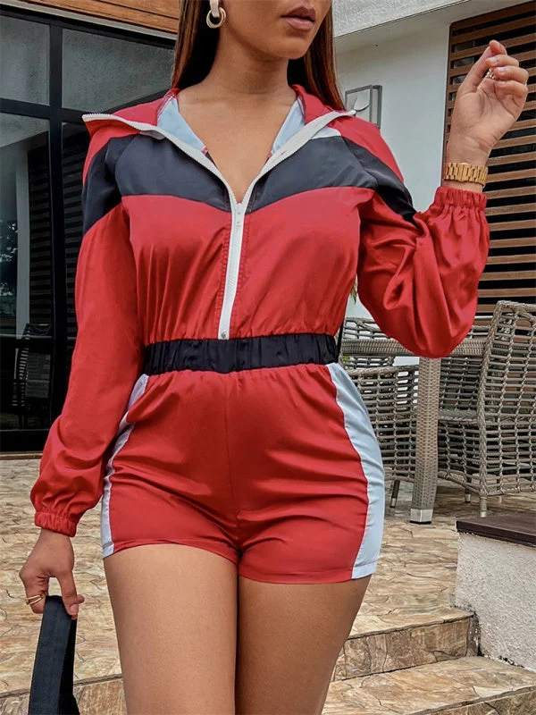 YEAR-End Clearance Women's Casual Splicing Contrast Color Zipper One-Piece Shorts