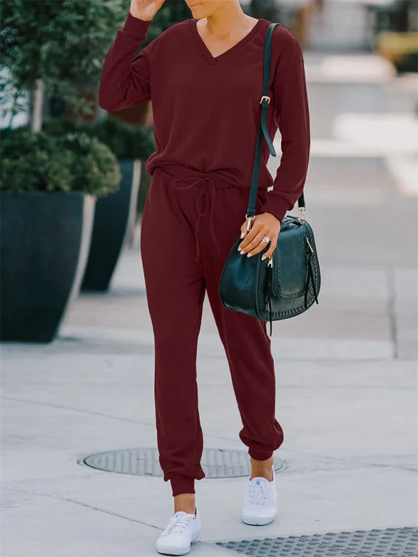 Special Price Women's Fashion Casual Homewear V-neck Loose Solid Color Suit for Women