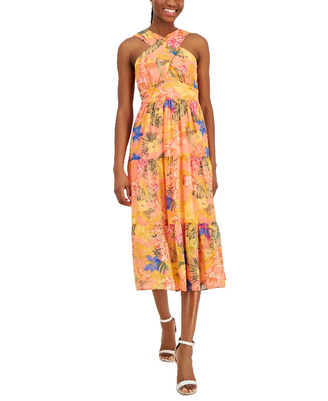 Price Reduction Women's Floral-Print Crossover-Neck Midi Dress