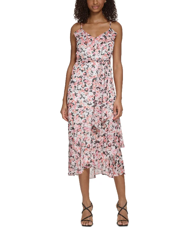 Early Bird Discount Women's Floral-Print Ruffled Tie-Waist Chiffon Sleeveless Midi Dress