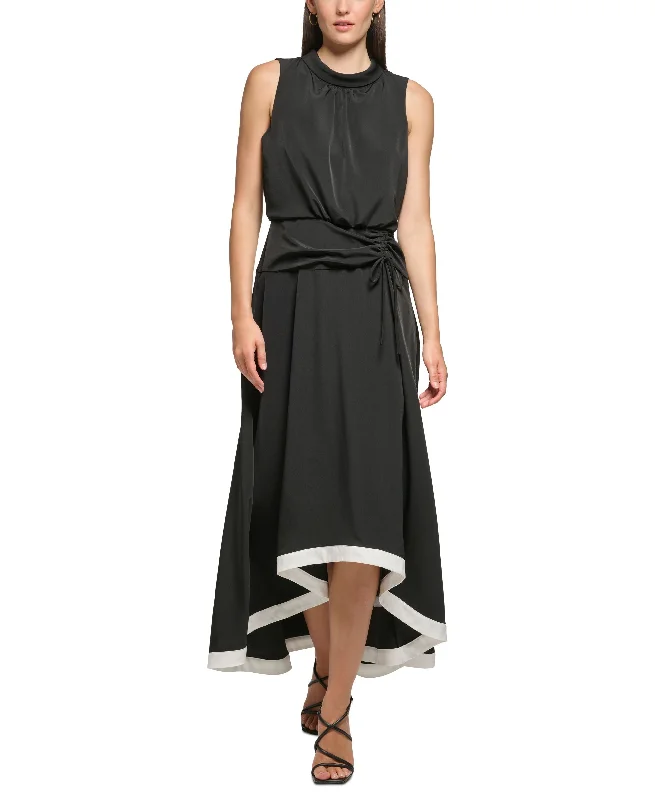 Super Sale Women's Mock Neck Blouson Contrast-Hem Maxi Dress