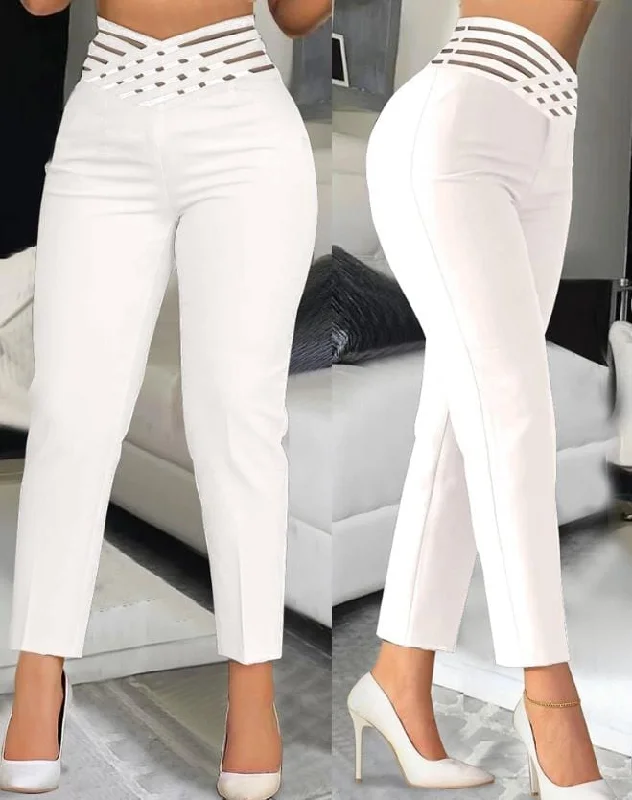 Overstock Women's Pants 2023 Summer Fashion Overlap Waist Hollow Out Casual High Waist Mesh Ruched Long Work Pants Streetwear