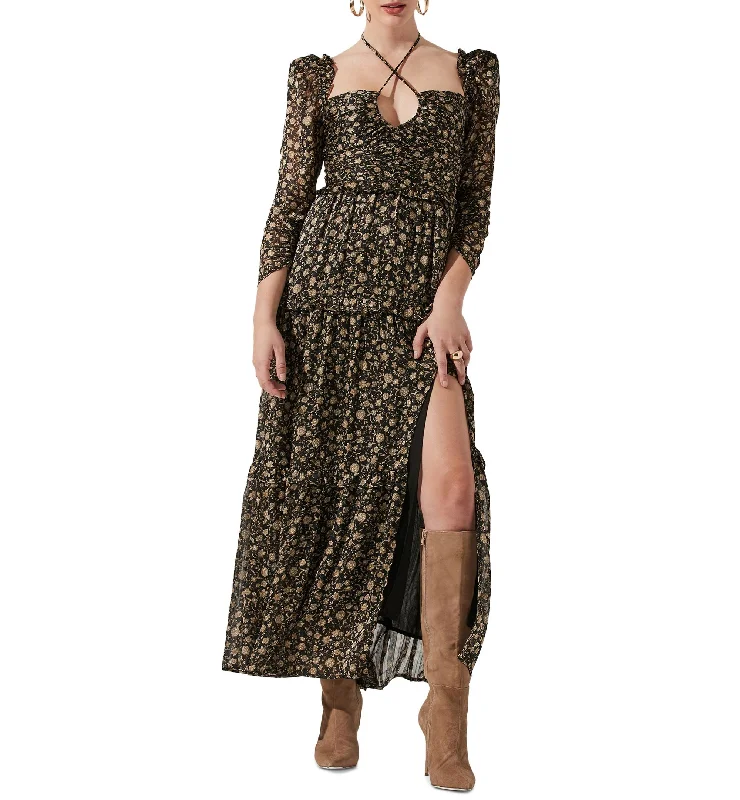 Limited Availability Women's Printed Love-Struck Smocked-Back Slit-Front Keyhole Dress