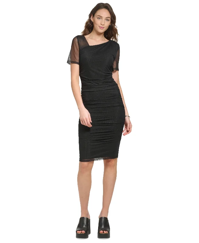 Deal of the Day Women's Ruched Asymmetrical Mesh-Detail Bodycon Dress