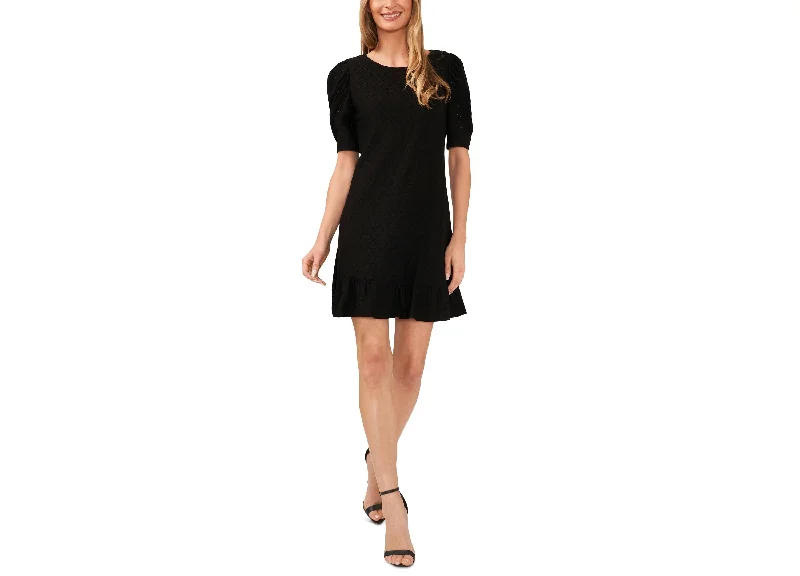 Seasonal Sale Women's Short Puff-Sleeve Eyelet Ruffled-Hem Dress